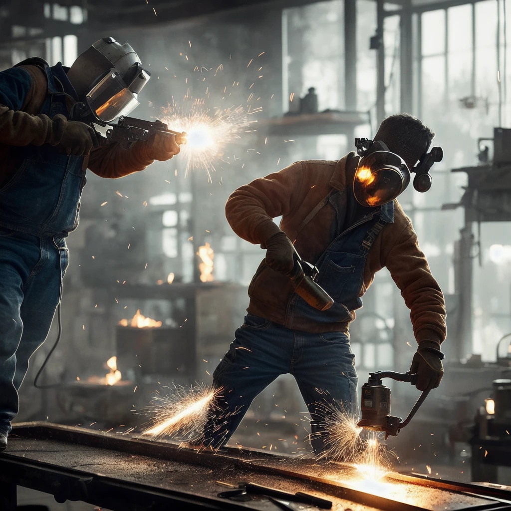 An incredibly realistic portrayal of a blowtorch-wielding man expertly welding an iron bar, capturing every minute detail. The composition features a neutral background, exuding a moody and intense atmosphere. The image is rendered in stunningly lifelike quality, with a hyper-realistic approach that brings the scene to life. The bright lights and shadows add depth and dimension to the picture, creating a visually captivating cinematic experience. The resolution of the image is an astounding 8K, allowing for an immersive viewing experience of this masterfully crafted depiction.