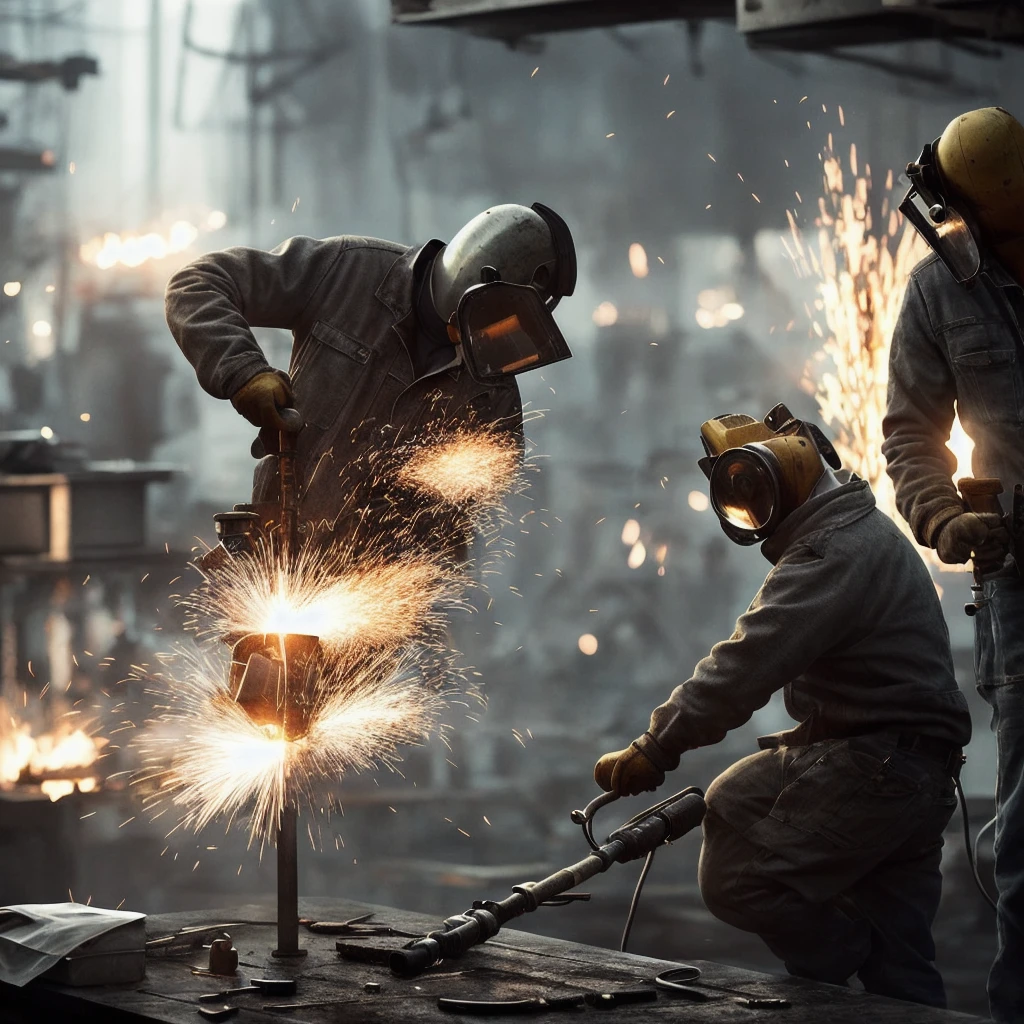 An incredibly realistic portrayal of a blowtorch-wielding man expertly welding an iron bar, capturing every minute detail. The composition features a neutral background, exuding a moody and intense atmosphere. The image is rendered in stunningly lifelike quality, with a hyper-realistic approach that brings the scene to life. The bright lights and shadows add depth and dimension to the picture, creating a visually captivating cinematic experience. The resolution of the image is an astounding 8K, allowing for an immersive viewing experience of this masterfully crafted depiction.