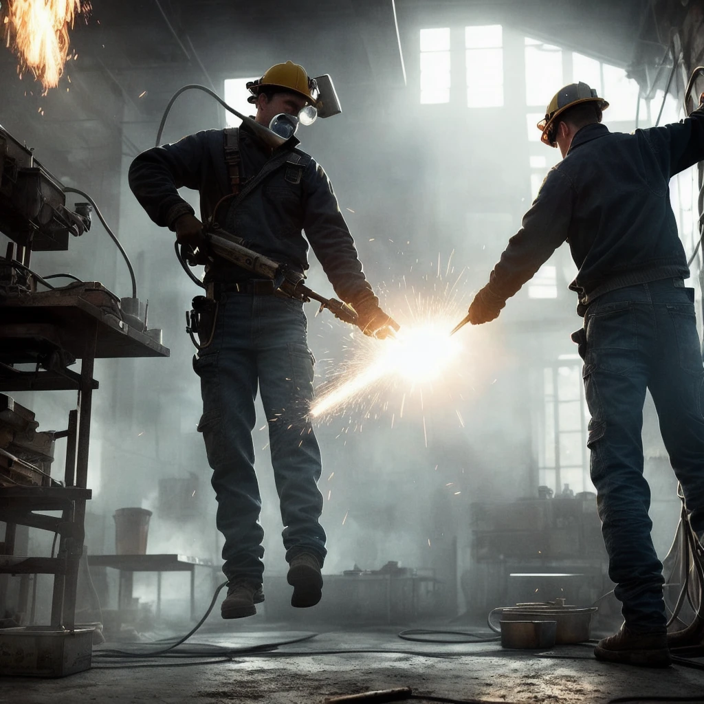 An incredibly realistic portrayal of a blowtorch-wielding man expertly welding an iron bar, capturing every minute detail. The composition features a neutral background, exuding a moody and intense atmosphere. The image is rendered in stunningly lifelike quality, with a hyper-realistic approach that brings the scene to life. The bright lights and shadows add depth and dimension to the picture, creating a visually captivating cinematic experience. The resolution of the image is an astounding 8K, allowing for an immersive viewing experience of this masterfully crafted depiction.