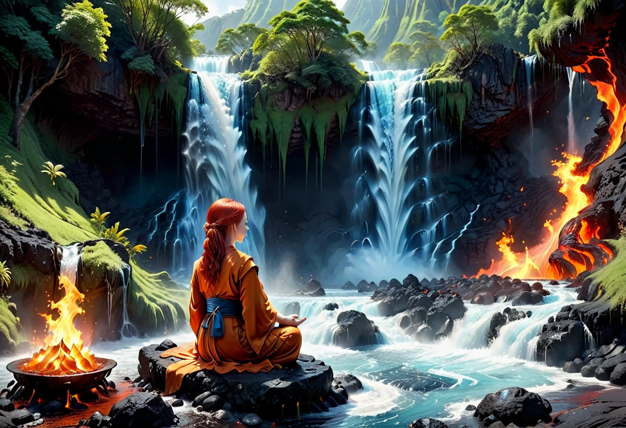 a picture of a (female monk: 1.2) sitting and meditating near a waterfall, at the base of the waterfall,  there is a human woman monk wearing monk garbs, meditating near a bonfire near an (epic sized waterfall: 1.3), red hair, long hair, full body (best details, Masterpiece, best quality :1.5), ultra detailed face (best details, Masterpiece, best quality :1.5), ultra feminine (best details, Masterpiece, best quality :1.5), exquisite beautiful (best details, Masterpiece, best quality :1.5) red hair, long hair, wavy hair, pale skin, blue eyes, intense eyes, water coming down from a volcanic cliff, multi level water falls, several pools created in different levels, forming new waterfalls, water cascading into a (large lava pool: 1.3) steam rising, clear water in many hues of blue and azure, fantasy art, photorealistic, D&D art, ultra best realistic, best details, best quality, 16k, [ultra detailed], masterpiece, best quality, (extremely detailed), ultra wide shot, photorealism, depth of field, hyper realistic painting, faize, perfecteyes