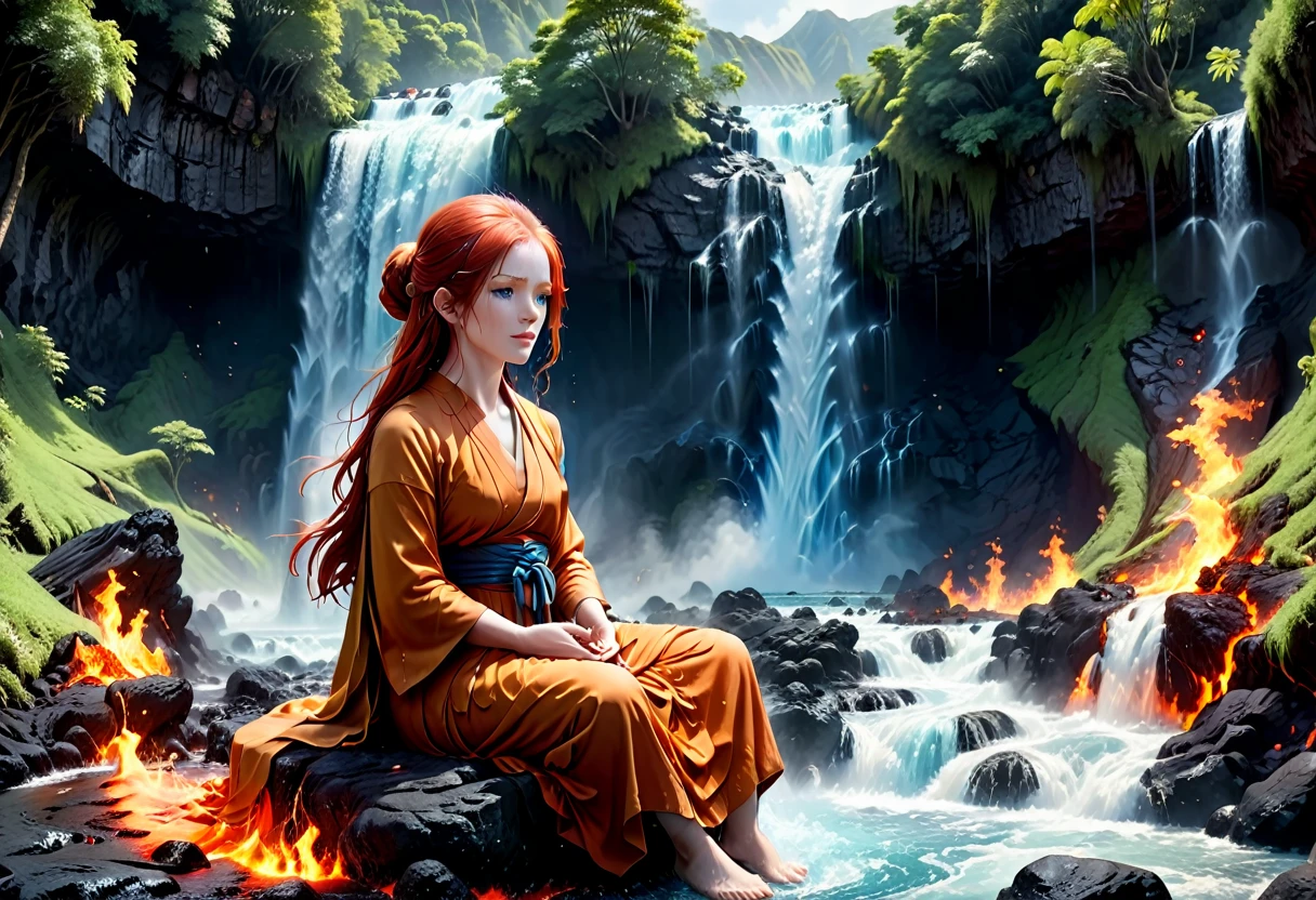 a picture of a (female monk: 1.2) sitting and meditating near a waterfall, at the base of the waterfall,  there is a human woman monk wearing monk garbs, meditating near a bonfire near an (epic sized waterfall: 1.3), red hair, long hair, full body (best details, Masterpiece, best quality :1.5), ultra detailed face (best details, Masterpiece, best quality :1.5), ultra feminine (best details, Masterpiece, best quality :1.5), exquisite beautiful (best details, Masterpiece, best quality :1.5) red hair, long hair, wavy hair, pale skin, blue eyes, intense eyes, water coming down from a volcanic cliff, multi level water falls, several pools created in different levels, forming new waterfalls, water cascading into a (large lava pool: 1.3) steam rising, clear water in many hues of blue and azure, fantasy art, photorealistic, D&D art, ultra best realistic, best details, best quality, 16k, [ultra detailed], masterpiece, best quality, (extremely detailed), ultra wide shot, photorealism, depth of field, hyper realistic painting, faize, perfecteyes