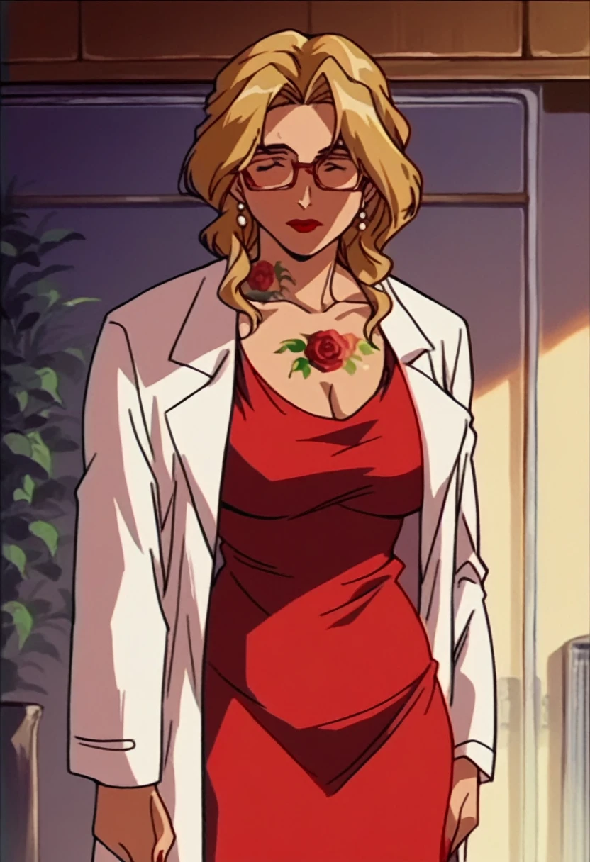 rating_explicit, beautyful mature woman, Shion Karanomori based, blonde wavy hair, encorped body, red glasses, red lipstick, red low-cut dress, whole body roses tattoos, white jacket,in city, morning, milf