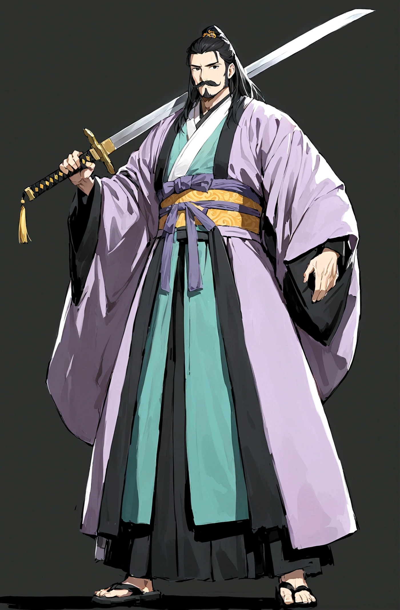 solo, looking at viewer, simple background, black hair, long hair,1boy, holding, standing, full body, weapon, male focus, hanfu, sword, holding weapon, black eyes, sash, facial hair, holding sword, black background, beard, mustache