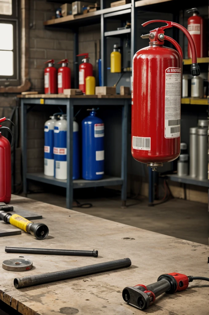 A red fire extinguisher with label visible above a work table in a workshop