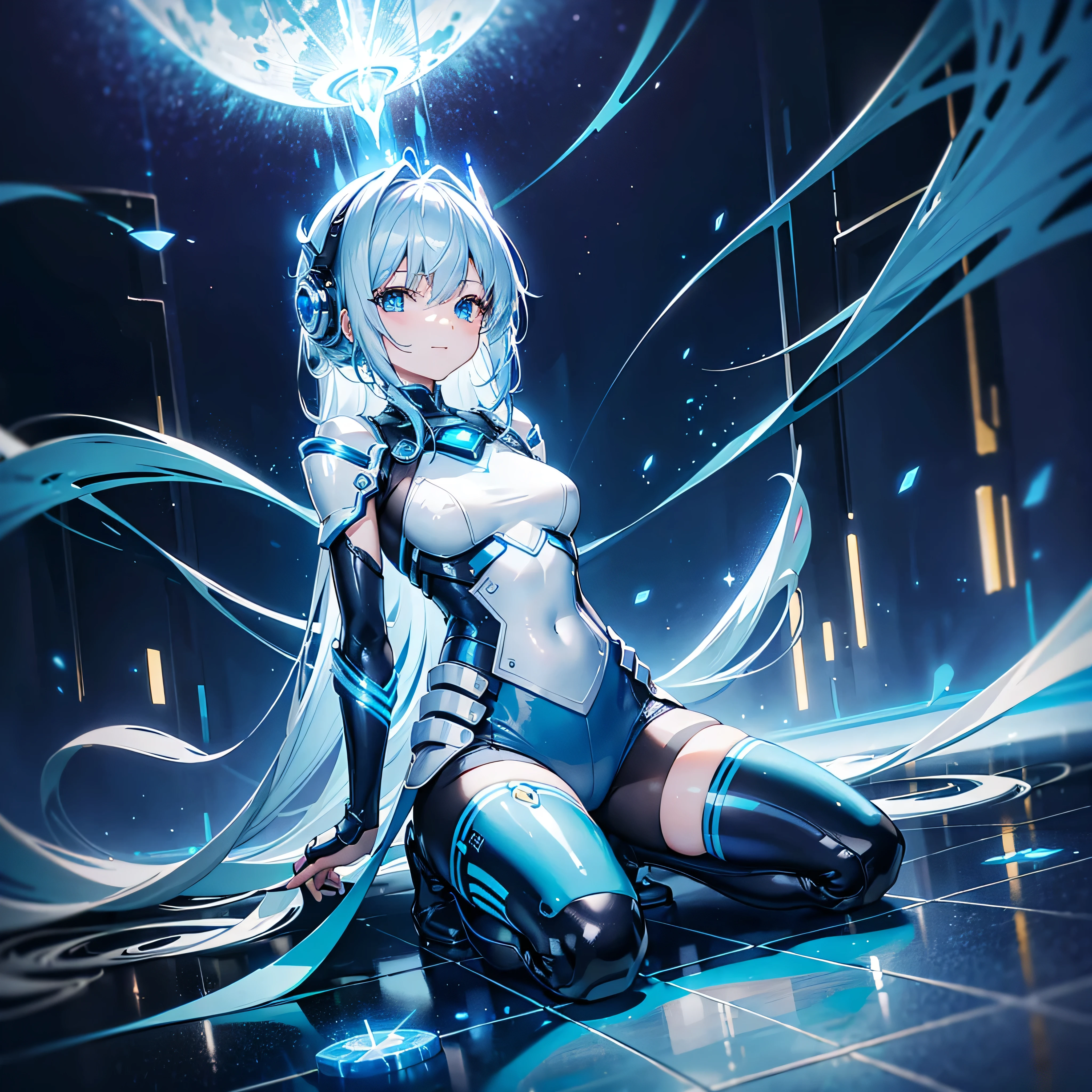 8K, Highest quality, (real:1.4), Original photo, 1 girl, Asari Hair, Biological Amplifier, Very sleek and futuristic armor, posture: Peace talks between warring factions,,attention arousal, smart blue eyes,A modest smile,Knee-high boots,Patent-look blue tights,Blue big moon and blue light swirl in the background,Blue light from behind,blue light magic,A small, glowing blue ball in the palm of your hand,Blue flame swirl,Blue Comet,Polished floor,