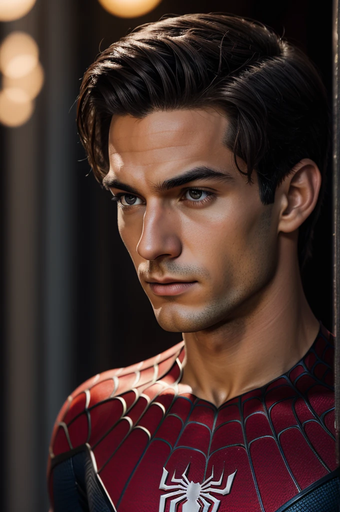 A photograph of Spider-Man., sin mascara, the 20s, elegant, detailed face, looking to the camera, portrait, 8k hd, high quality