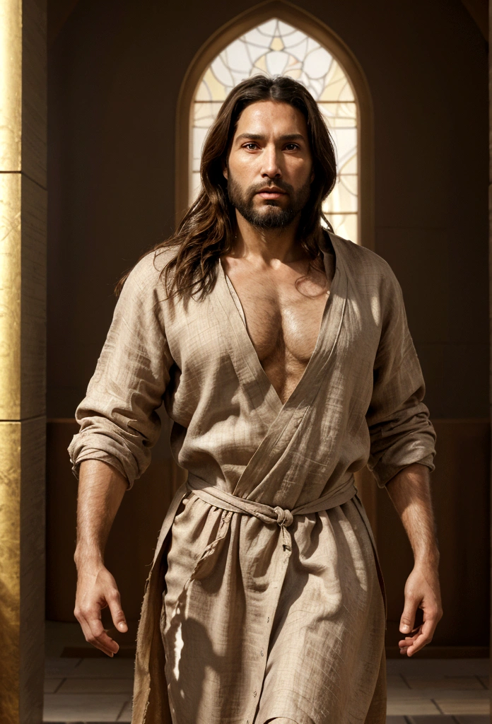 A beautiful ultra-thin realistic portrait of Jesus, the prophet, a man 42 years old Hebrew brunette, short brown hair, long brown beard, in a temple, wearing long linen tunic closed on the chest part, in front view, full body, biblical, realistic,by Diego Velázquez,Peter Paul Rubens,Rembrandt,Alex Ross,8k,Concept Art, PhotoRealistic, Realistic, Illustration, Oil Painting, Surrealism, HyperRealistic, brush brushes, Digital art, style, watercolor