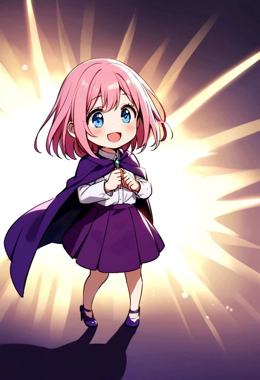 cute short young with long pink hair, blue eyes, white shirt, purple cape, purple skirt, purple heels, happy