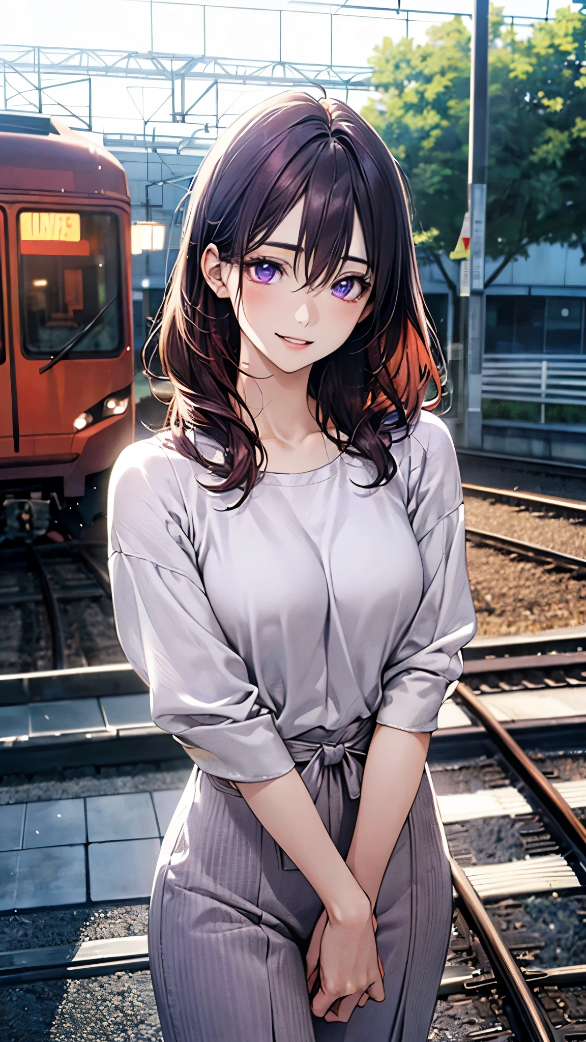 (masterpiece:1.2, top-quality), (realistic, photorealistic:1.4), beautiful illustration, (natural side lighting, movie lighting), nsfw, 
looking at viewer, 1 girl, japanese, high school girl, perfect face, cute and symmetrical face, shiny skin, 
(middle hair:1.5, two side up:1.2, grey purple hair), hair between eyes, purple eyes, long eye lasher, (medium breasts), slender, dark red hair ribbon, 
beautiful hair, beautiful face, beautiful detailed eyes, beautiful clavicle, beautiful body, beautiful chest, beautiful thigh, beautiful legs, beautiful fingers, 
(casual outfit:1.5), , 
(beautiful scenery), evening, (train station:1,2), standing, (lovely smile, parted lips), 