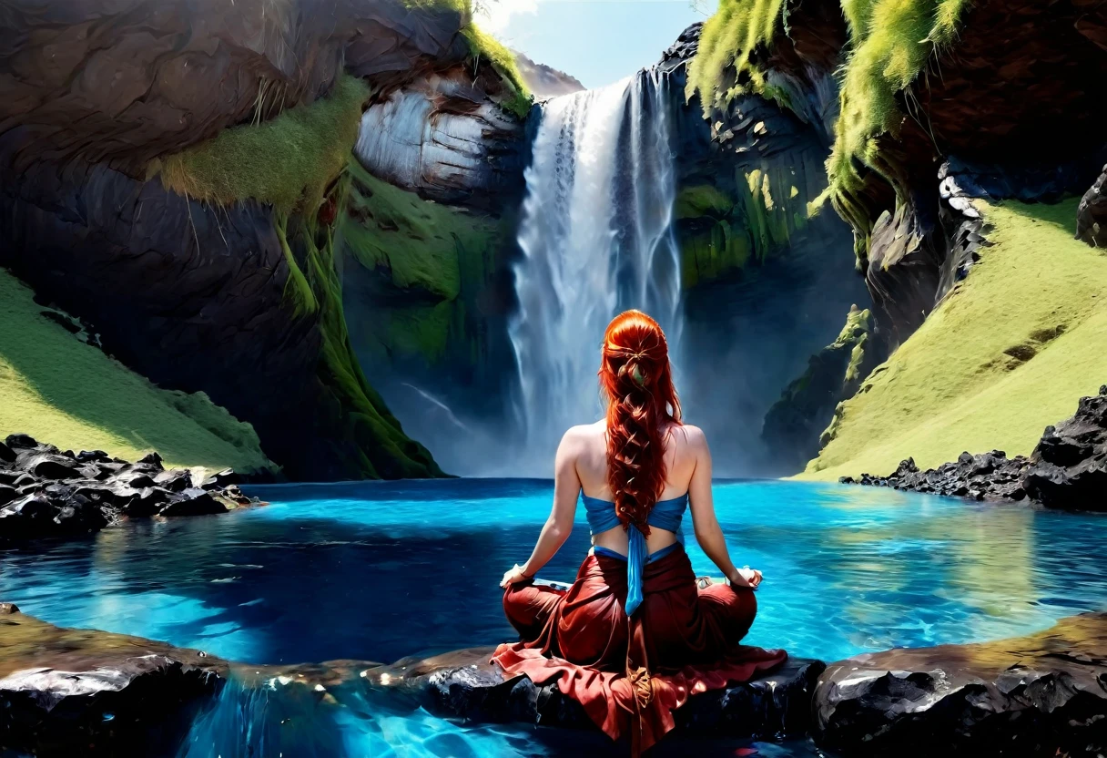 a picture of a (female monk: 1.2) sitting and meditating near a waterfall, at the base of the waterfall,  there is a human woman monk wearing monk garbs, meditating near a bonfire near an (epic sized waterfall: 1.3), red hair, long hair, full body (best details, Masterpiece, best quality :1.5), ultra detailed face (best details, Masterpiece, best quality :1.5), ultra feminine (best details, Masterpiece, best quality :1.5), exquisite beautiful (best details, Masterpiece, best quality :1.5) red hair, long hair, wavy hair, pale skin, blue eyes, intense eyes, water coming down from a volcanic cliff, multi level water falls, several pools created in different levels, forming new waterfalls, water cascading into a (large lava pool: 1.3) steam rising, clear water in many hues of blue and azure, fantasy art, photorealistic, D&D art, ultra best realistic, best details, best quality, 16k, [ultra detailed], masterpiece, best quality, (extremely detailed), ultra wide shot, photorealism, depth of field, hyper realistic painting, faize, perfecteyesת drkfntasy