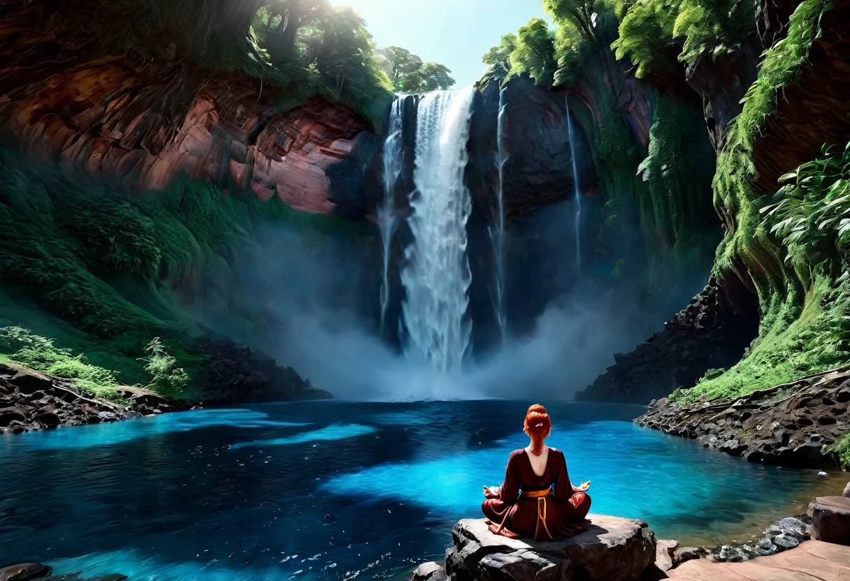 a picture of a (female monk: 1.2) sitting and meditating near a waterfall, at the base of the waterfall,  there is a human woman monk wearing monk garbs, meditating near a bonfire near an (epic sized waterfall: 1.3), red hair, long hair, full body (best details, Masterpiece, best quality :1.5), ultra detailed face (best details, Masterpiece, best quality :1.5), ultra feminine (best details, Masterpiece, best quality :1.5), exquisite beautiful (best details, Masterpiece, best quality :1.5) red hair, long hair, wavy hair, pale skin, blue eyes, intense eyes, water coming down from a volcanic cliff, multi level water falls, several pools created in different levels, forming new waterfalls, water cascading into a (large lava pool: 1.3) steam rising, clear water in many hues of blue and azure, fantasy art, photorealistic, D&D art, ultra best realistic, best details, best quality, 16k, [ultra detailed], masterpiece, best quality, (extremely detailed), ultra wide shot, photorealism, depth of field, hyper realistic painting, faize, perfecteyesת drkfntasy