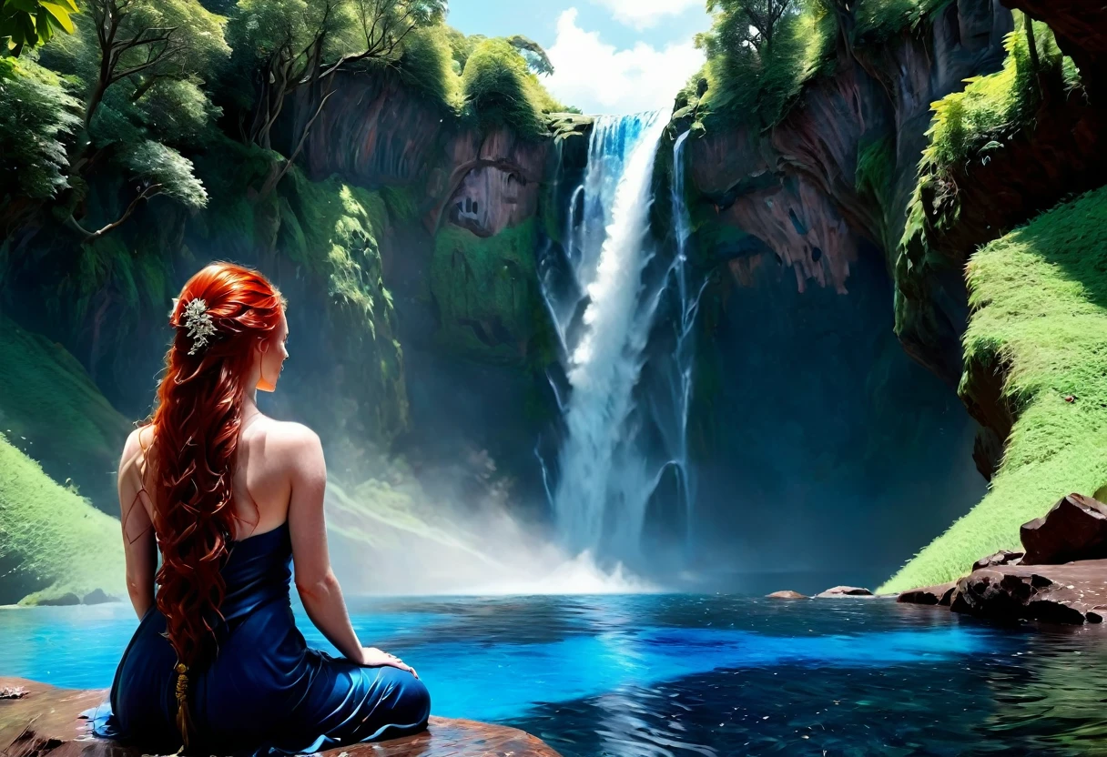 a picture of a (female monk: 1.2) sitting and meditating near a waterfall, at the base of the waterfall,  there is a human woman monk wearing monk garbs, meditating near a bonfire near an (epic sized waterfall: 1.3), red hair, long hair, full body (best details, Masterpiece, best quality :1.5), ultra detailed face (best details, Masterpiece, best quality :1.5), ultra feminine (best details, Masterpiece, best quality :1.5), exquisite beautiful (best details, Masterpiece, best quality :1.5) red hair, long hair, wavy hair, pale skin, blue eyes, intense eyes, water coming down from a volcanic cliff, multi level water falls, several pools created in different levels, forming new waterfalls, water cascading into a (large lava pool: 1.3) steam rising, clear water in many hues of blue and azure, fantasy art, photorealistic, D&D art, ultra best realistic, best details, best quality, 16k, [ultra detailed], masterpiece, best quality, (extremely detailed), ultra wide shot, photorealism, depth of field, hyper realistic painting, faize, perfecteyesת drkfntasy