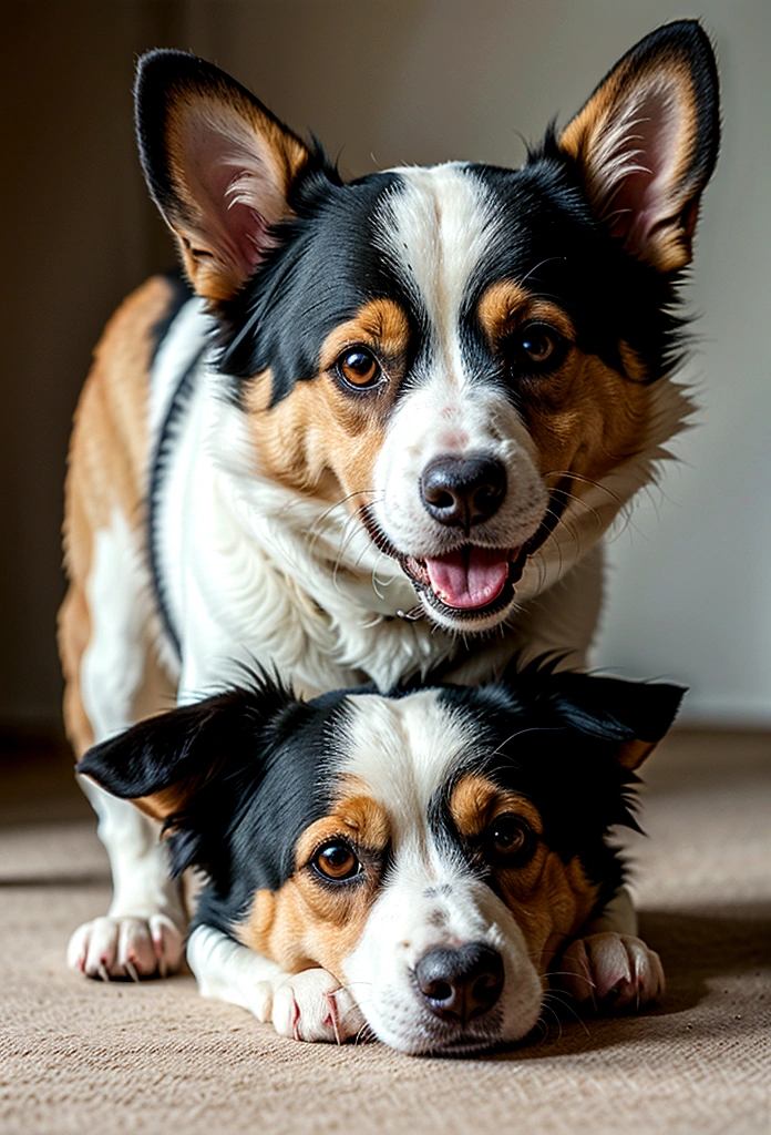 Produces ultra-high definition Border Collie images, Classic dog pose. Using advanced macro photography techniques、Highlights the intricate details of the dog's coat, ears pricked, And expressive eyes and tongue are partially out. Place the camera at the dog's eye level, Create an intimate connection between the viewer and the dog object. Implement a wide aperture for a shallow depth of field, Make the dog stand out clearly against a softly blurred background. Improve lighting、Emphasizes the texture and contours of the dog's body, Using the software, Remove coarse shadows、, warm atmosphere. Pick up a dog in a relaxed position, But balanced, Show your flexibility and elegance. Try to capture the moment in natural motion, Stretc.hing, Cleanliness, etc.., To convey a sense of authenticity. Implement post-processing techniques to improve image clarity, sharp contrast, and color balance, Protect every aspect, From the dog's intricate patterns to its intense gaze, rendered in stunning detail. Finally, Conveys the gentle beauty and innate grace of the Pembroke Welsh Corgi, Capture fleeting moments celebrating the unique essence of a dog's curiosity and poise