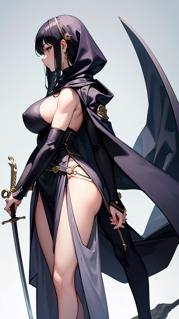 (masterpiece, 4K ,Super detailed:1.2), Strong women, Female Swordsman, Wearing a hood, tall, Full body side view, View Viewer, Pure white background