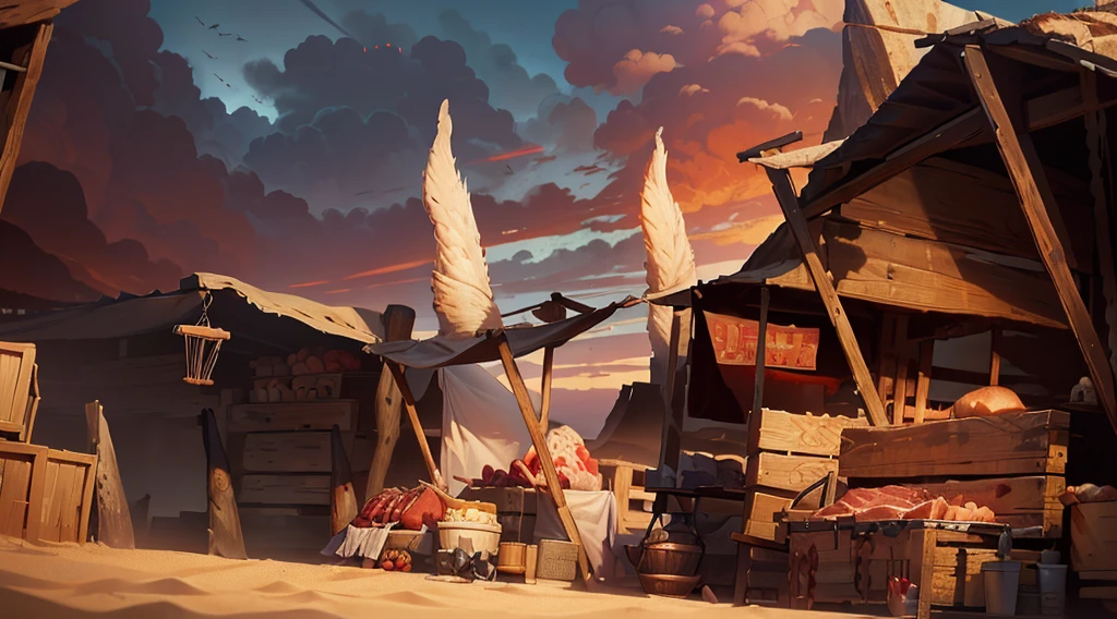 traditional market, butchery, (they sell meats on the table and display case, skull), (market stalls, market tents), wooden boxes, wooden basket, wire, (giant sharp rocks), sand ground, (dawn time, daybreak sky, dark morning), low angle, AnatomicTech,