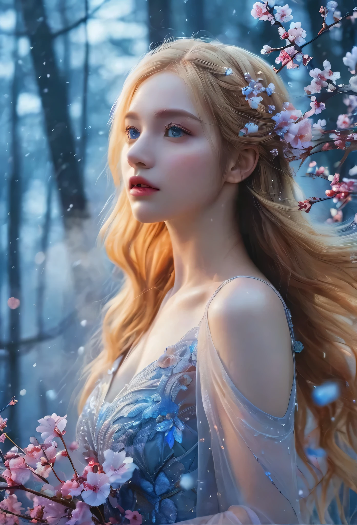 (covered with flowers:1.4), (1 Girl), blue eyes, Night Sky, joint, (Raw meat:1.3), (Blonde hair:1.3), interested in, Fire and Ice, (The image is split in half,Available in a variety of colors:2), (Gear attached to the body:1.2), Gold Plate, blue eyes, sapphire, liquid metal, Night Sky, (Look at an angle:1.3), (Fire and Ice), ((Laer Chrome)), (Hairpin:1.4), (forest:1.3), (FOG:1.3)