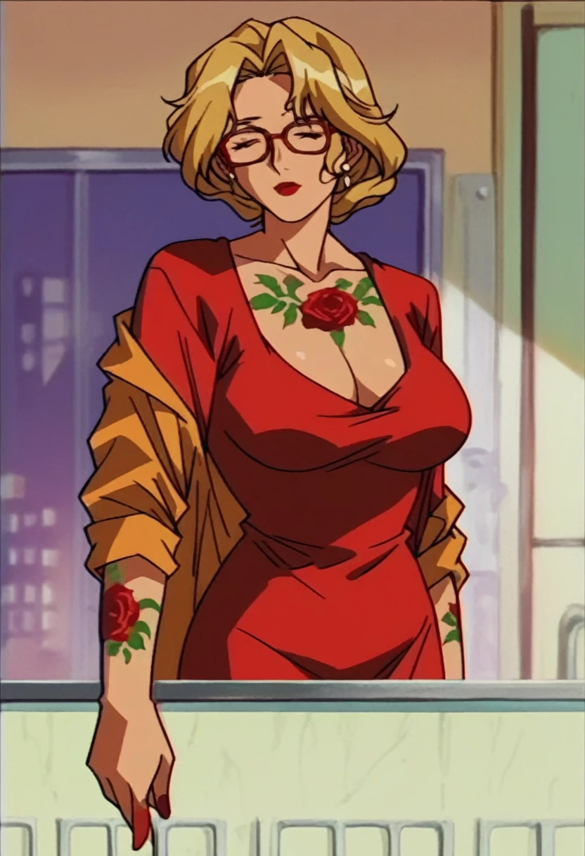 rating_explicit, beautyful mature woman, Shion Karanomori based, blonde wavy hair, encorped body, red glasses, red lipstick, red low-cut dress, whole body roses tattoos, golden jacket,in city, morning, milf, friendly