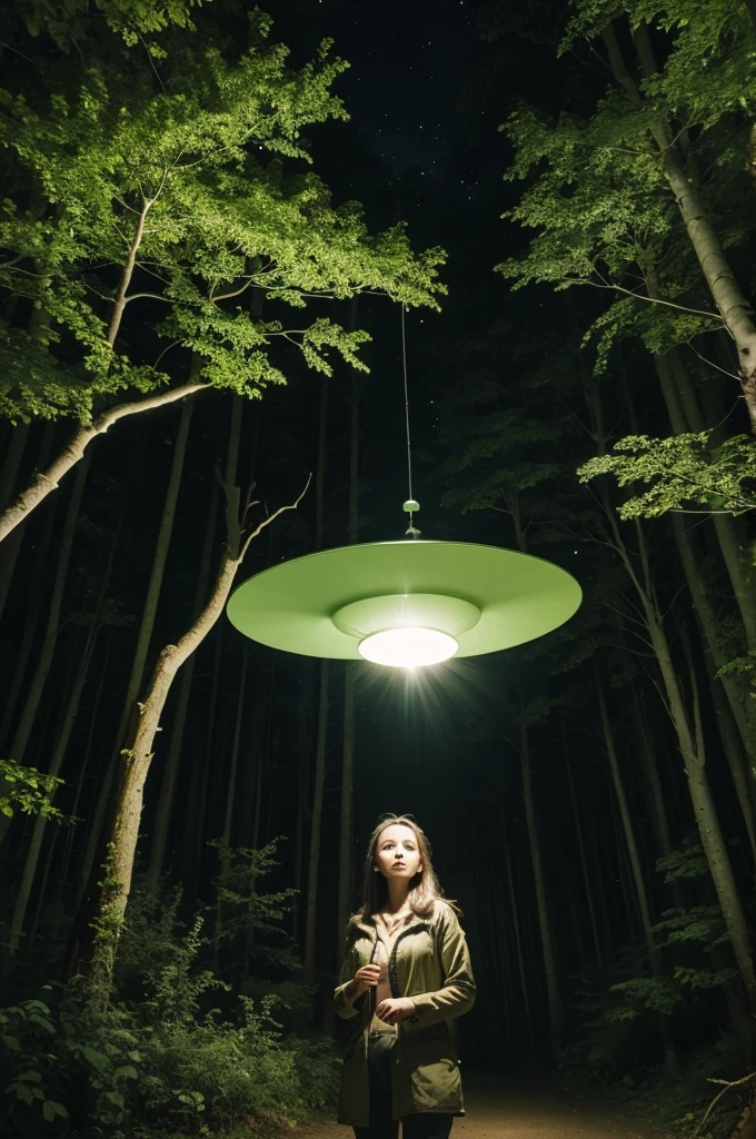 woman in the forest, It's night, A flying saucer in the sky