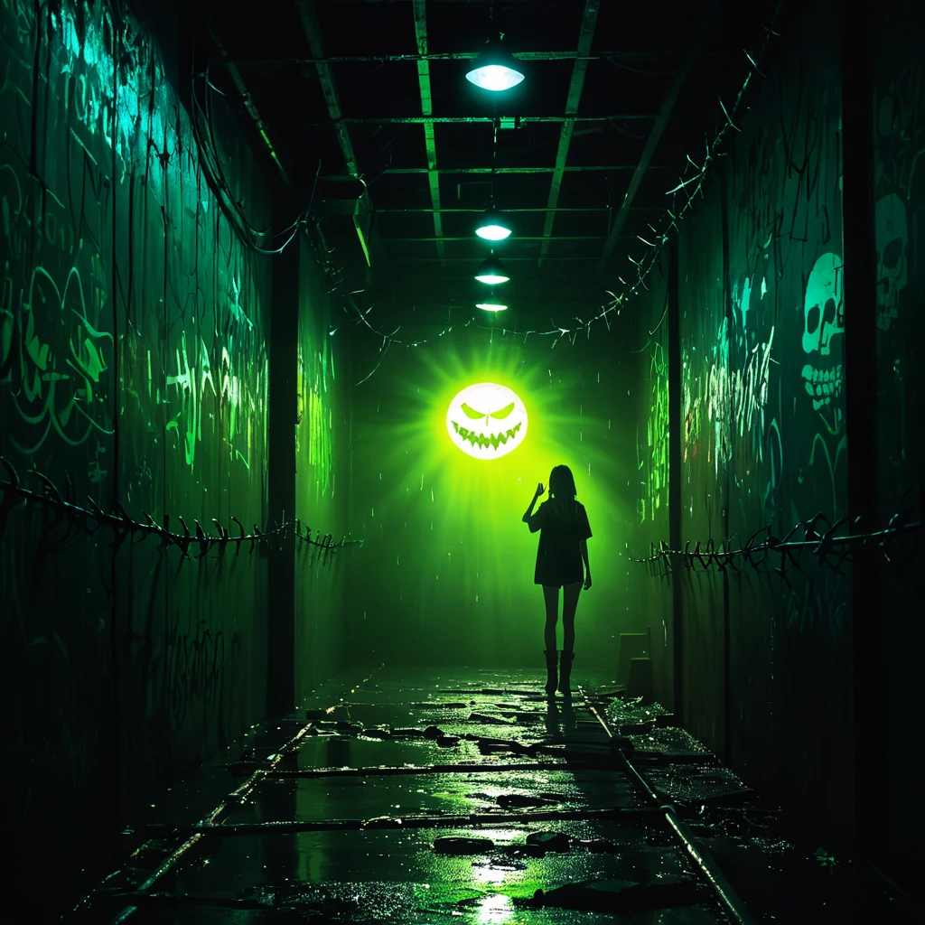 (Mysterious Giant Eye Portrait)，indoor，Fluorescent lighting，(((Shrouded in darkness)))，Wall Background，Black background，silhouette，Shadow，Extreme darkness，Minimalist graffiti style background，Fluorescent green tricks Skull graffiti，Dark atmosphere，Cowboy Shot,One girl,Oversized black t-shirt，Mid-chest，Waistless T-shirt，（Underbust），Blurred Background，Blurred foreground，Fluorescent green hair，fluorescent green eyes，Raise your hand and touch your hair，Long Hair，Messy Hair，Low-rise denim shorts，Knee-high boots，pink eye Shadow，Ruined eyeShadow，（Vanishing Point，Depth of written boundary，Background Blur），(Vine-covered foreground:10），Grin，Open your mouth，Devil Smiley，Trigger finger，shark teeth，dark and edgy、Elements of surrealism、Expressive brushwork、Dynamic configuration。\Very detailed explanation，Lock，Barbed wire，Wooden piles，moonlight，heavy rain,Raise your hand，From about，