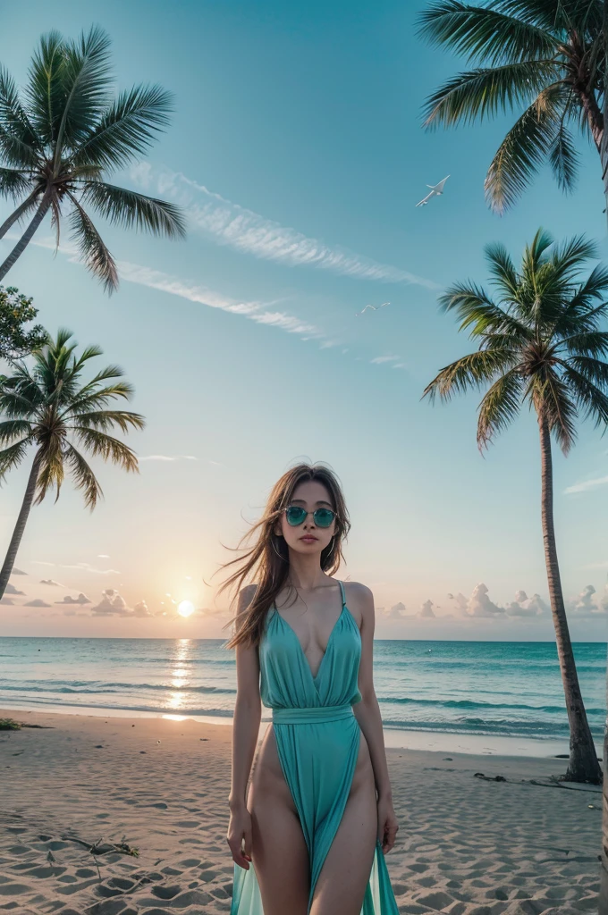 Time: Late afternoon, with the sun starting to set.

Location: Beach with tall, leafy coconut trees swaying in the gentle breeze.

Sky: Gradient from light blue to purple, with some thin white clouds.

Elements:
Fine golden sand.
Crystal clear and calm sea water, with shades of turquoise blue and emerald green.
Birds flying across the sky.

Style: Photographic realistic, with a focus on details and natural afternoon lighting.

Emotion: Tranquility, peace and relaxation.
