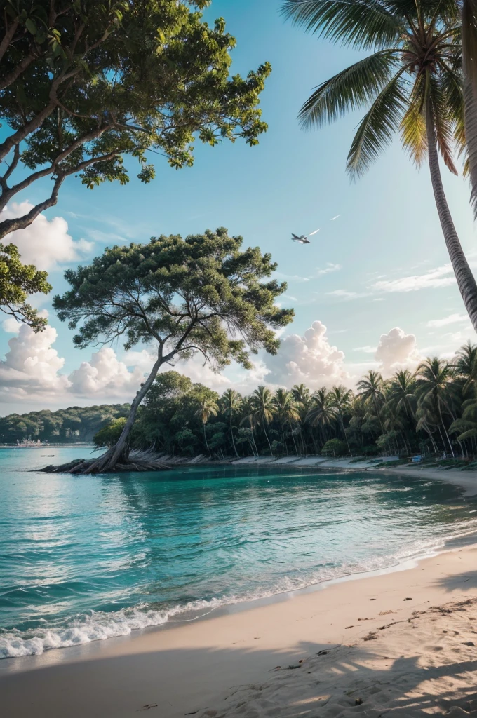 Time: Late afternoon, with the sun starting to set.

Location: Beach with tall, leafy coconut trees swaying in the gentle breeze.

Sky: Gradient from light blue to purple, with some thin white clouds.

Elements:
Fine golden sand.
Crystal clear and calm sea water, with shades of turquoise blue and emerald green.
Birds flying across the sky.

Style: Photographic realistic, with a focus on details and natural afternoon lighting.

Emotion: Tranquility, peace and relaxation.