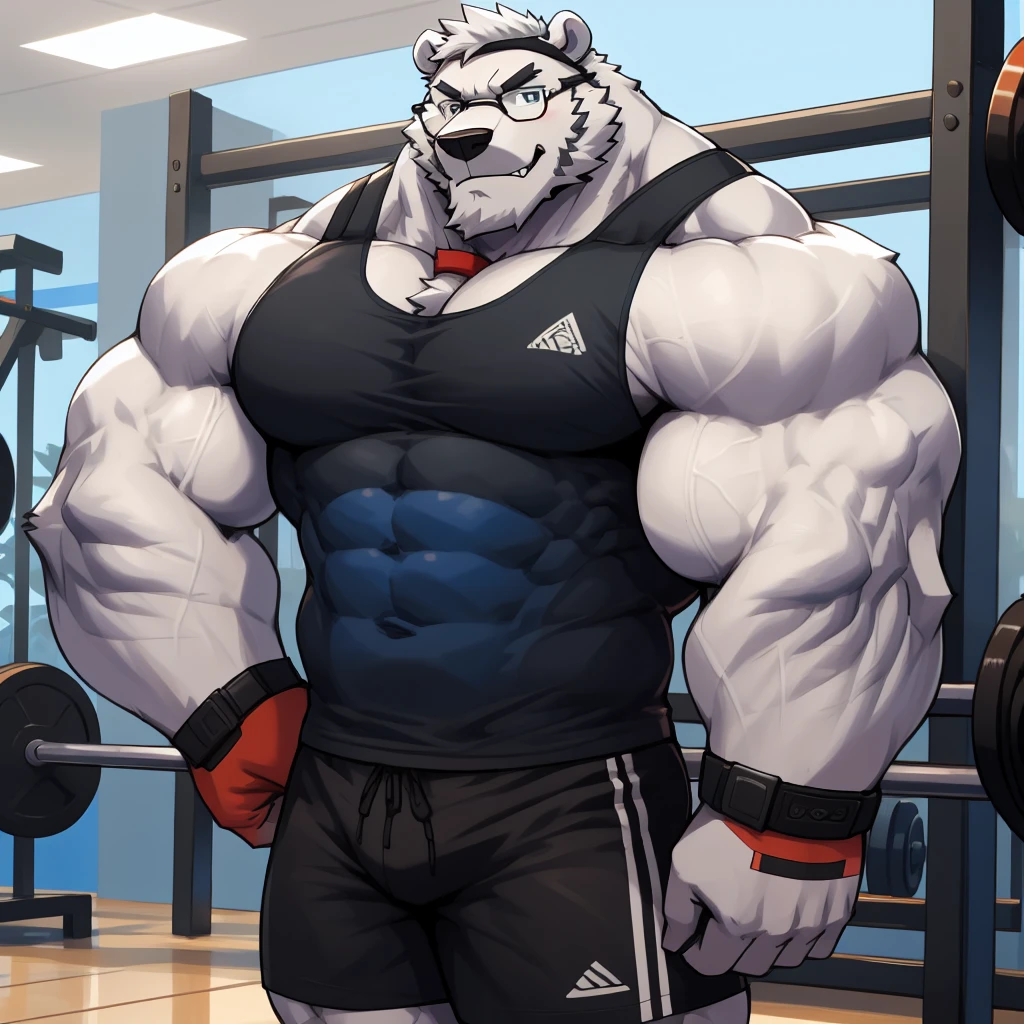 solo, 1boy, Huge Muscular White Polar Bear wearing glasses, huge white fur, pectoral, huge pectoral, wide pectoral, short white hair, blue colored short pants, blue colored wristbands and blue colored tank top, white bearded, white Mustache, white fur, gym background, masterpiece, high detailed, 8k, high resolution, at the gym, raising up two arms double biceps pose