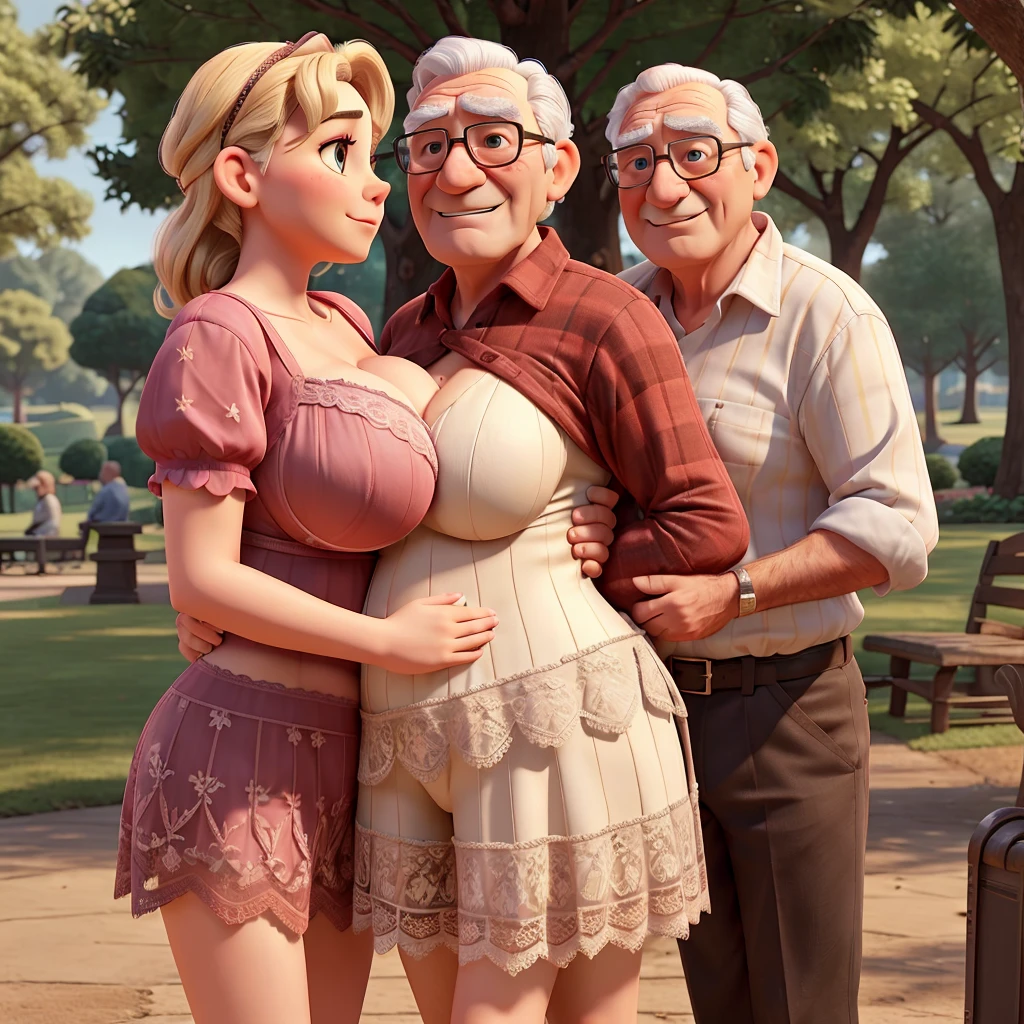 Grandfather and his 20 year old granddaughter with huge breasts in provocative lace bra hugging their grandfather in the park