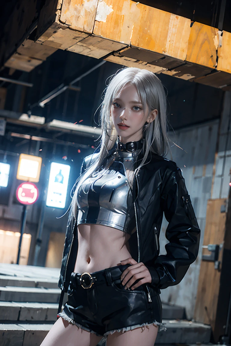 (masterpiece), Highest quality, Expressive eyes, Perfect Face, High resolution, One girl, alone, Gray Hair, Jacket, Ahoge, Fingerless gloves, abdomen, panties, Crack, Put your hands on your hips, Leaning forward, smile, Fantasy Background, particle, magic, Are standing,Cowboy Shot, Looking at the audience, from the front,night, Abandoned city,
