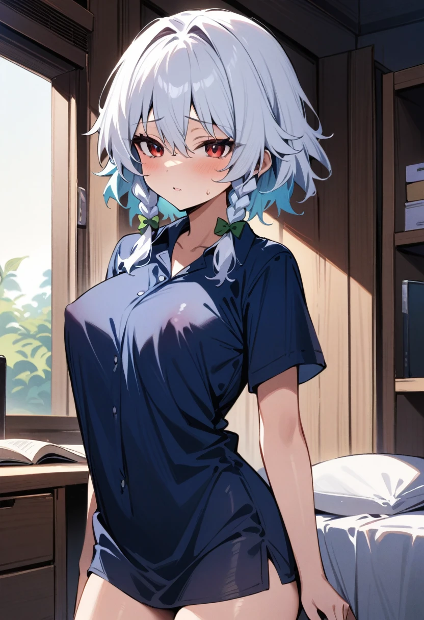 masterpiece, best quality, very aesthetic, absurdres, newest,1girl,naked_shirt, covered_nipples, ,izayoi sakuya, touhou,,,in a student dormitory