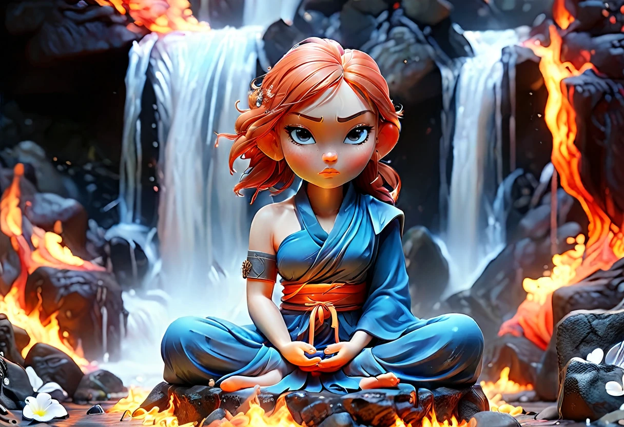 a picture of a (female monk: 1.2) sitting and meditating near a waterfall, at the base of the waterfall,  there is a human woman monk wearing monk garbs, meditating near a bonfire near an (epic sized waterfall: 1.3), red hair, long hair, full body (best details, Masterpiece, best quality :1.5), ultra detailed face (best details, Masterpiece, best quality :1.5), ultra feminine (best details, Masterpiece, best quality :1.5), exquisite beautiful (best details, Masterpiece, best quality :1.5) red hair, long hair, wavy hair, pale skin, blue eyes, intense eyes, water coming down from a volcanic cliff, multi level water falls, several pools created in different levels, forming new waterfalls, water cascading into a (large lava pool: 1.3) steam rising, clear water in many hues of blue and azure, fantasy art, photorealistic, D&D art, ultra best realistic, best details, best quality, 16k, [ultra detailed], masterpiece, best quality, (extremely detailed), ultra wide shot, photorealism, depth of field, hyper realistic painting, faize, perfecteyes, Cinematic Hollywood Film