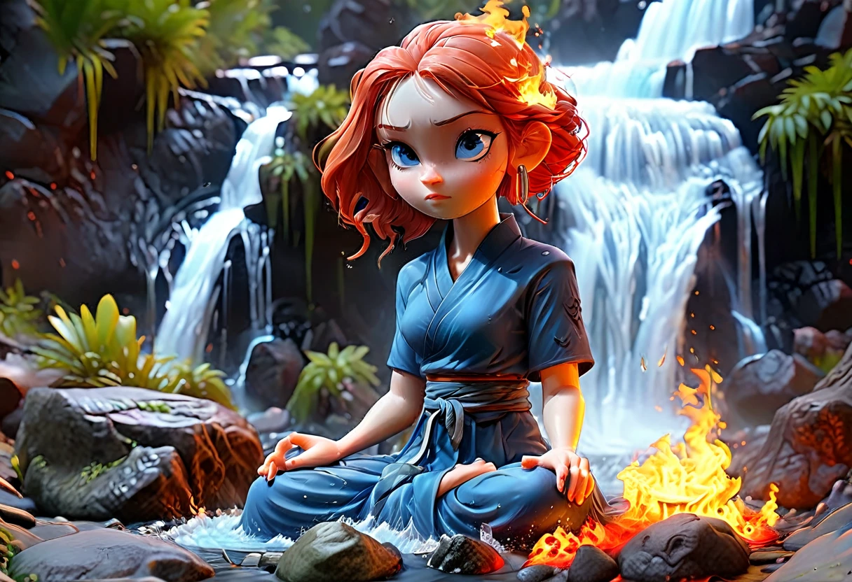 a picture of a (female monk: 1.2) sitting and meditating near a waterfall, at the base of the waterfall,  there is a human woman monk wearing monk garbs, meditating near a bonfire near an (epic sized waterfall: 1.3), red hair, long hair, full body (best details, Masterpiece, best quality :1.5), ultra detailed face (best details, Masterpiece, best quality :1.5), ultra feminine (best details, Masterpiece, best quality :1.5), exquisite beautiful (best details, Masterpiece, best quality :1.5) red hair, long hair, wavy hair, pale skin, blue eyes, intense eyes, water coming down from a volcanic cliff, multi level water falls, several pools created in different levels, forming new waterfalls, water cascading into a (large lava pool: 1.3) steam rising, clear water in many hues of blue and azure, fantasy art, photorealistic, D&D art, ultra best realistic, best details, best quality, 16k, [ultra detailed], masterpiece, best quality, (extremely detailed), ultra wide shot, photorealism, depth of field, hyper realistic painting, faize, perfecteyes, Cinematic Hollywood Film