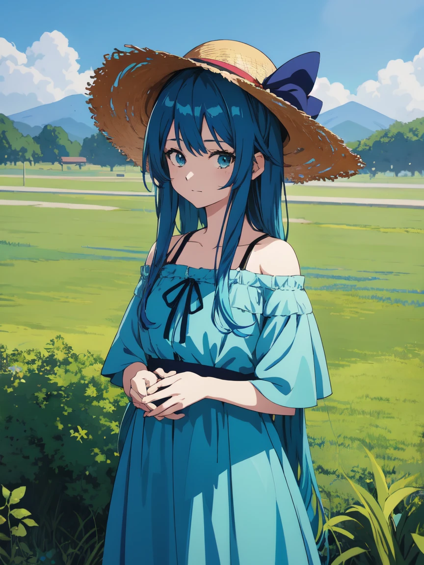Blue haired anime girl in a straw hat and blue dress, artwork in the style of Gweitz, Beautiful anime portraits, Gweitz, Beautiful Anime Girls, beautiful Anime Style, Teal Hair Anime Girl, Anime Style. 8K, Bowwater'Art Style, Beautiful digital illustrations, Beautiful character drawings, Amazing Anime Face Portraits