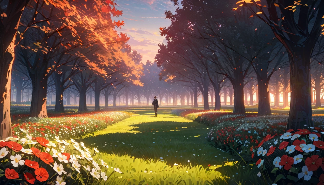 anime aestetics, dusk, tall grass, apple trees garden, a lot of trees, pink, red and yellow flowers on trees, dim light, calm and peaceful atmosphere, beauty of nature, little white flowers in the grass, smoke and light far at the background, few stars at the sky, perspective, atmospheric perspective, wide shot, wide shot, atmospheric perspective, perspective, highres, HD, 8k, award winning, best quality, highres, super detail, masterpiece, UHD, 4K, 8k, best quality, award winning, high details, super detail, masterpiece: 1.4