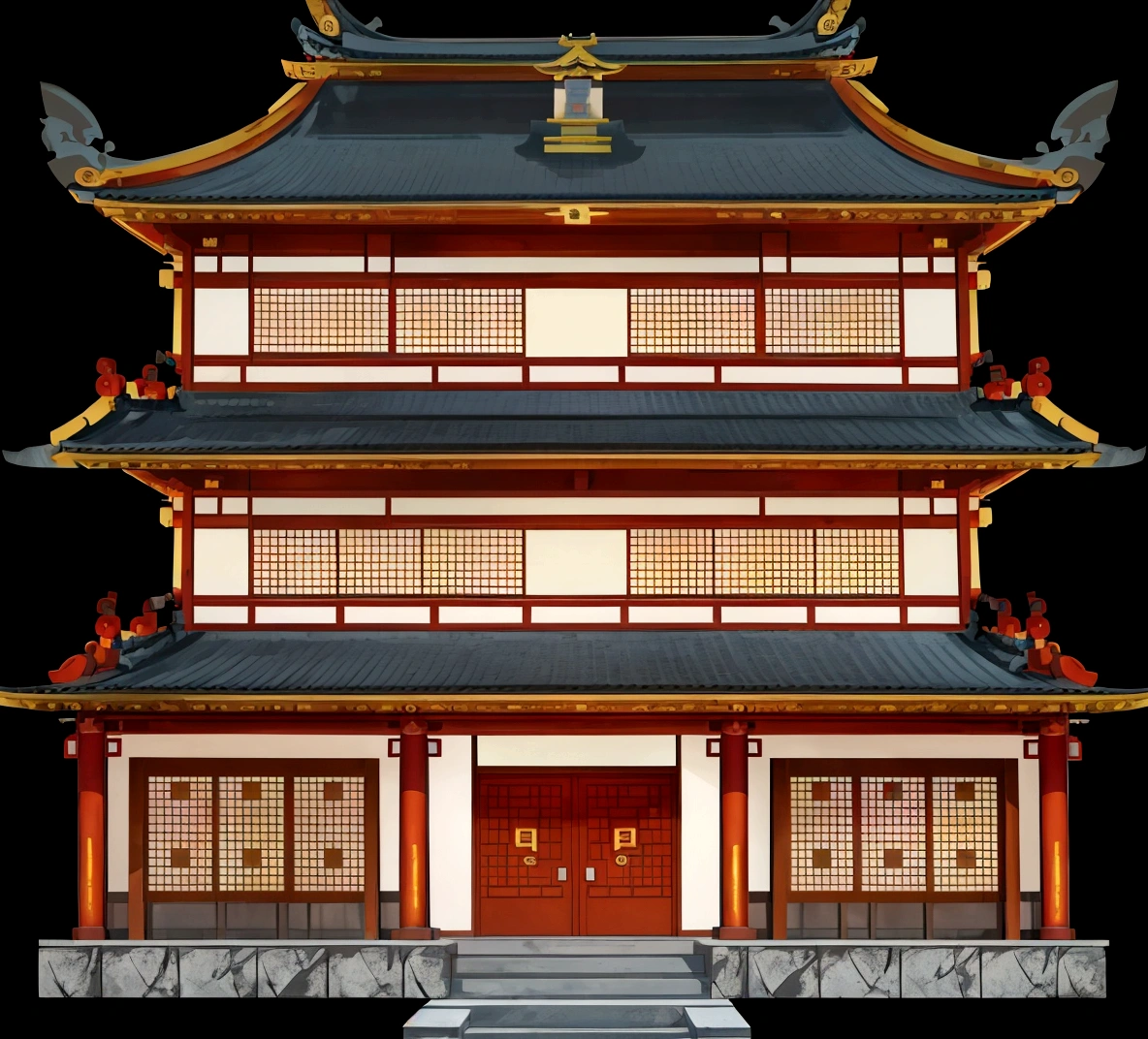 a cartoon illustration of a chinese building with a door and windows, an extremely detailed building, zen temple background, japanese temple, european japanese buildings, japanese house, ancient japanese architecture, digital painting of a pagoda, chinese building, temple background, japanese architecture, japanese temples, background depicting a temple, a temple, inspired by Tōshi Yoshida, temple