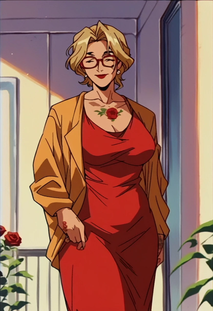 rating_explicit, beautyful mature woman, Shion Karanomori based, blonde wavy hair, encorped body, red glasses, red lipstick, red low-cut dress, whole body roses tattoos, golden jacket,in city, morning, milf, smile