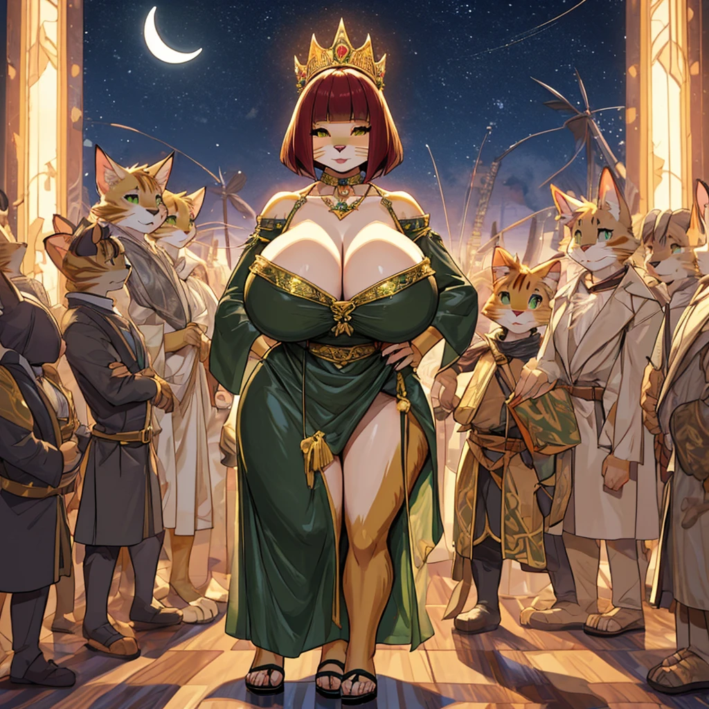 short, girly, sultry, voluptuous, buxom, shortstacked feline furry concubine((gigantic comically large saggy breasts, largest breasts in the world, very very large wide heavy , huge pillowy breasts)) (dark gray tabby striped fur, dark red hair bob cut, pale yellow cat eyes, busty, long eyelashes, top-heavy, tiny waist, broad womanly hips, exaggerated breasts, delicate whiskers, full lips, short thick legs, big head, thigh gap) wearing a green tunic with gold trim, leather sandals and garter, and silver crescent moon jewelry. she is standing proudly, shoulders back, chest thrust forward, hands on her hips, legs shoulder width apart.