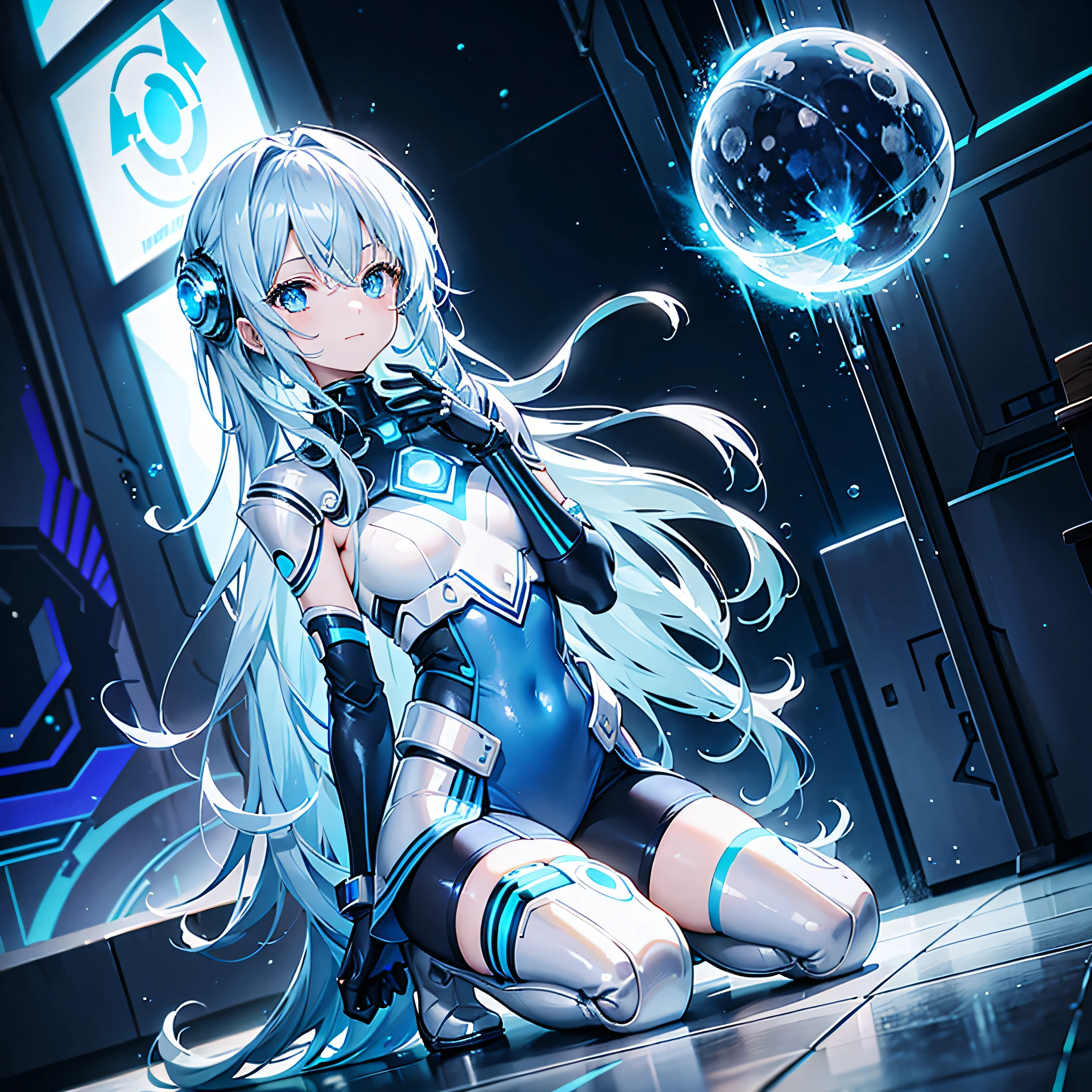 8K, Highest quality, (real:1.4), Original photo, 1 girl, Asari Hair, Biological Amplifier, Very sleek and futuristic armor, posture: Peace talks between warring factions,,attention arousal, smart blue eyes,A modest smile,Knee-high boots,Patent-look blue tights,Blue big moon and blue light swirl in the background,Blue light from behind,blue light magic,A small, glowing blue ball in the palm of your hand,Blue flame swirl,Blue Comet,Polished floor,