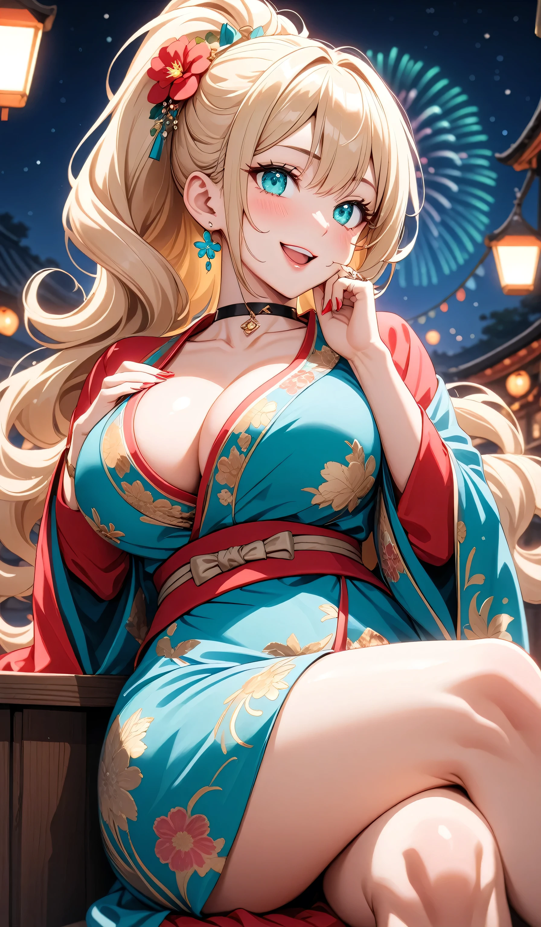 ((one personの女性)), Beautiful Face,(Laughing embarrassedly), (naughty face:1.2), (wink:1.9), Laughing with your mouth open, upper teeth, ((Bright red cheeks:1.4)),Glossy pink lips, ((crossed legs:1.4)), (panty shot), Touching hair with hands,looking at viewer,Shining Face, rooftop, Festival decorations, firework, ((Anime style background)),masterpiece, Highest quality, so beautiful,up to date, complex details, (Pink long nails),(ring),(bracelet),(choker),AI-generated, complex,High resolution, Highest quality, super high quality,3D Images、3D Images,one person,Long blonde hair,ponytail, wavy hair ,Anime woman posing for a photo, ((Fine grain、Turquoise Eyes、Shining Eyes:1.3)), (Squint your eyes:1.1),a hyperRealistic , hyperRealistic , Realistic,Anime woman with long white hair, Smooth anime CG art, A woman in a colorful kimono with gold embroidery, (Pink long sleeve kimono),Red floral pattern,Long flower hair ornament,Earrings,Mature Body,(Big Breasts:1.1),Tall,Abdominal muscles,Tight waist,(Zoom up to face:1.2), (front side),