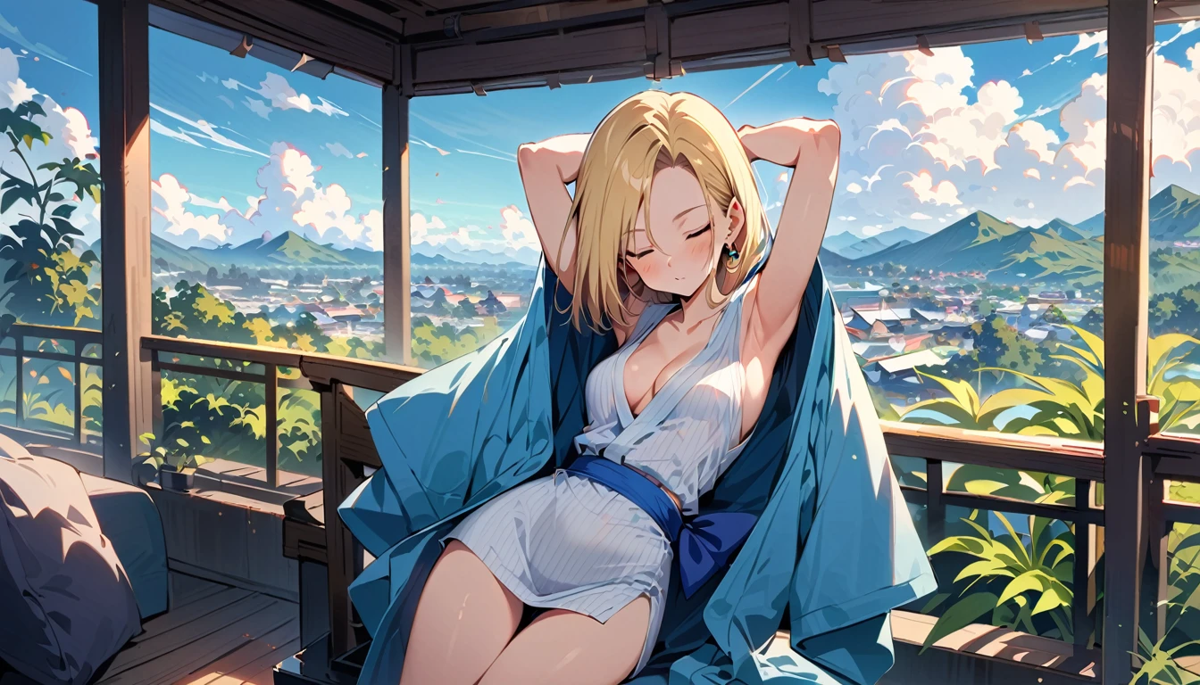 (masterpiece, best quality:1.2), solo, Android 18 from Dragon Ball, ((long yukata, thigh gap)), small breasts, short blonde hair loose, ((close eyes)), (wearing glasses), earrings on earlobes, slender feminine figure, skinny body, cleavage, light blush, chill, organized, simple, white-based interior, a few plants, cloudy sky, terrace, magnificent view, blur background, 4K, on the cute chair, (pale blue chair), midriff-baring, beautiful armpits, arms up behind, pantyshot, Japanese sandals, 