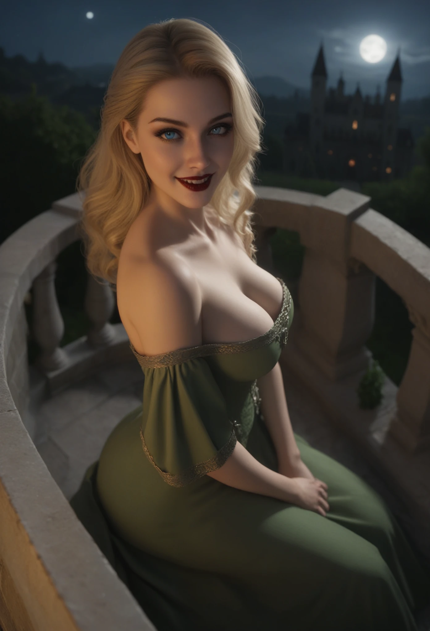 score_9, score_8_above, score_7_above, 1girl, large_breasts, royal_garden, medieval_castle, elegant_green_dress, off_shoulder_dress, evil_smile, cute_woman, blonde, long_hair, side view, from_above, night, moonlight, cinematic film still, RAW photo, perfect lighting, volumetric lighting, Galadriel, stuning, goddess, (vampire:1.5), blue_eyes
