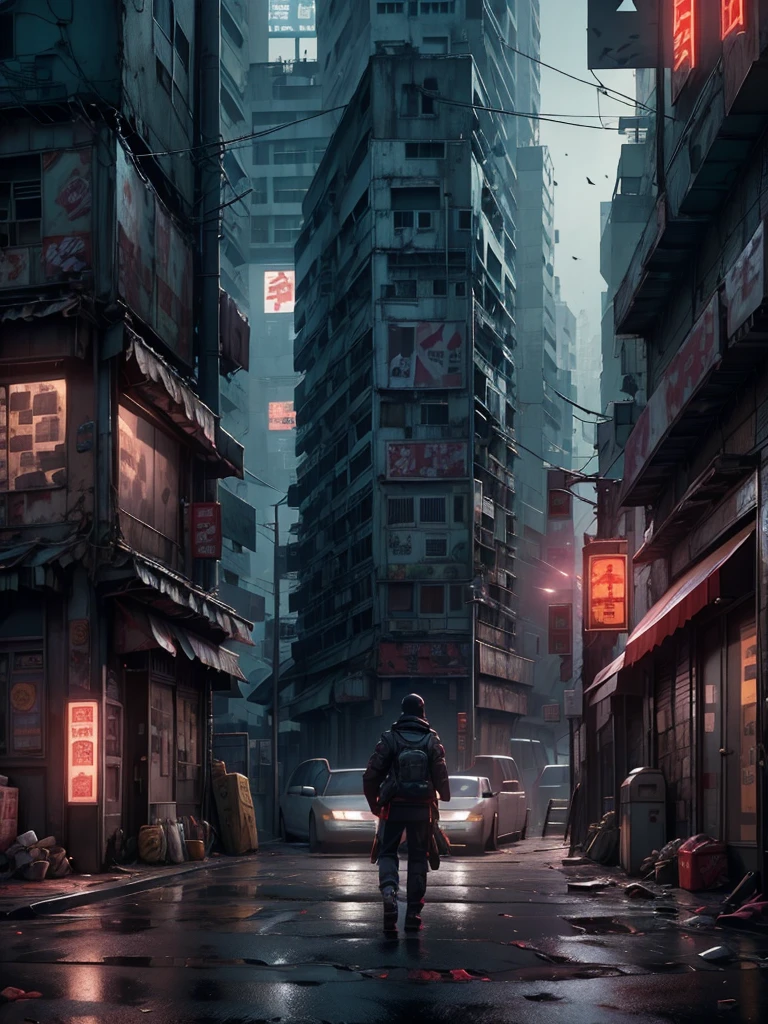 bananas in the streets of liam wong kowloon walled cyberpunk city and sets out to return to the surface with the help of ai B-12 drone companion, nier replicant style, blader runner 2049, cgi noir, unreal engine 5, 8k ultra hd.
