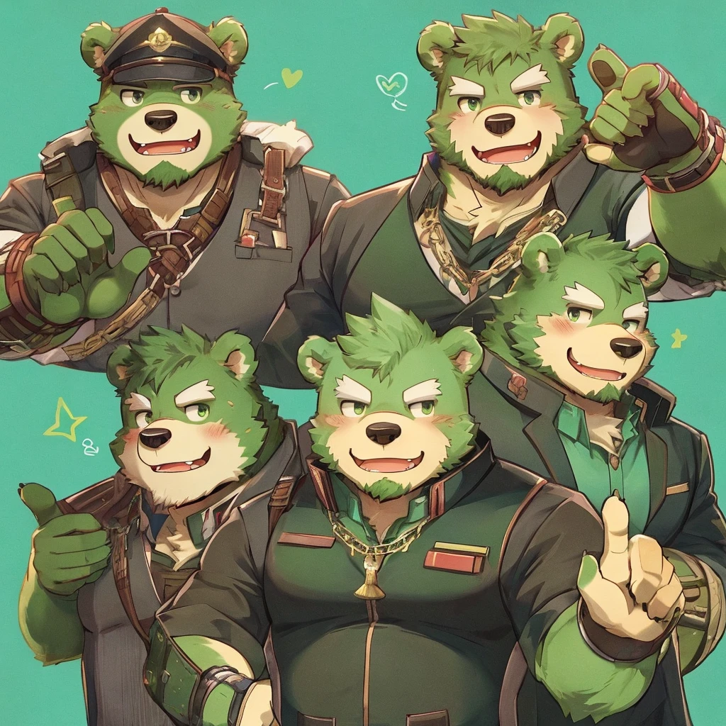 anthro, kemono, male,  (((green bear))), (((green fur))), green hair, beard, white eyebrows, sexy, blush, wink, simple background, victory hand poses,