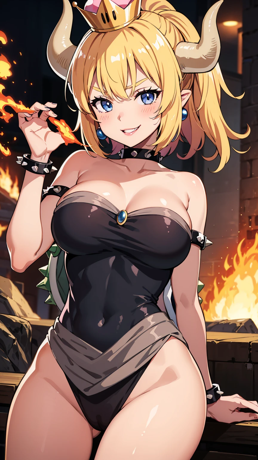 best quality, high resolution, large breasts, blonde hair, blush, Evil smile, cowboy shot, looking at viewer, bowsette, pink lip, in a volcano with lava, sexy shoulders, (((shoulders Focus)))
