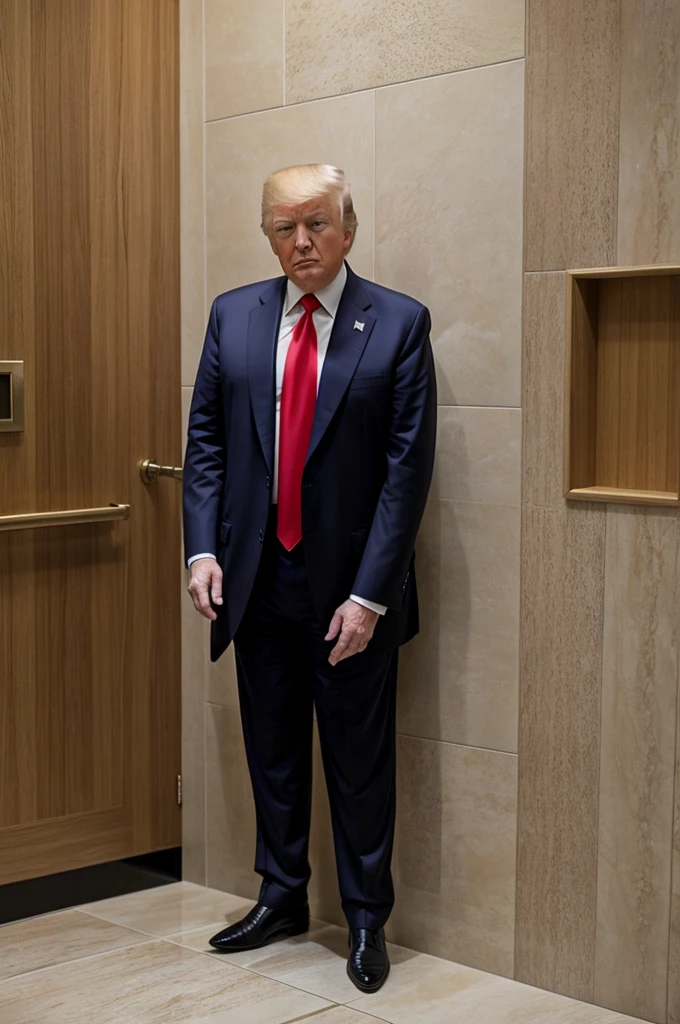 (urination, explicit) Donald Trump wearing fitting suits urge to pee, knees together.