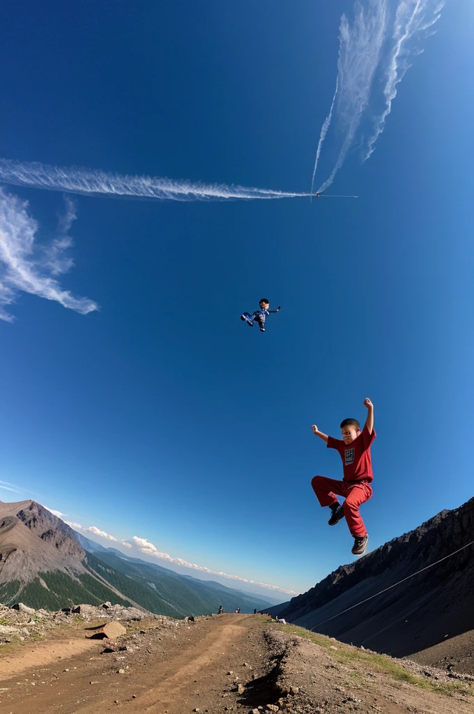 A little boy bravely jumps from one mountain to another mountain between fire