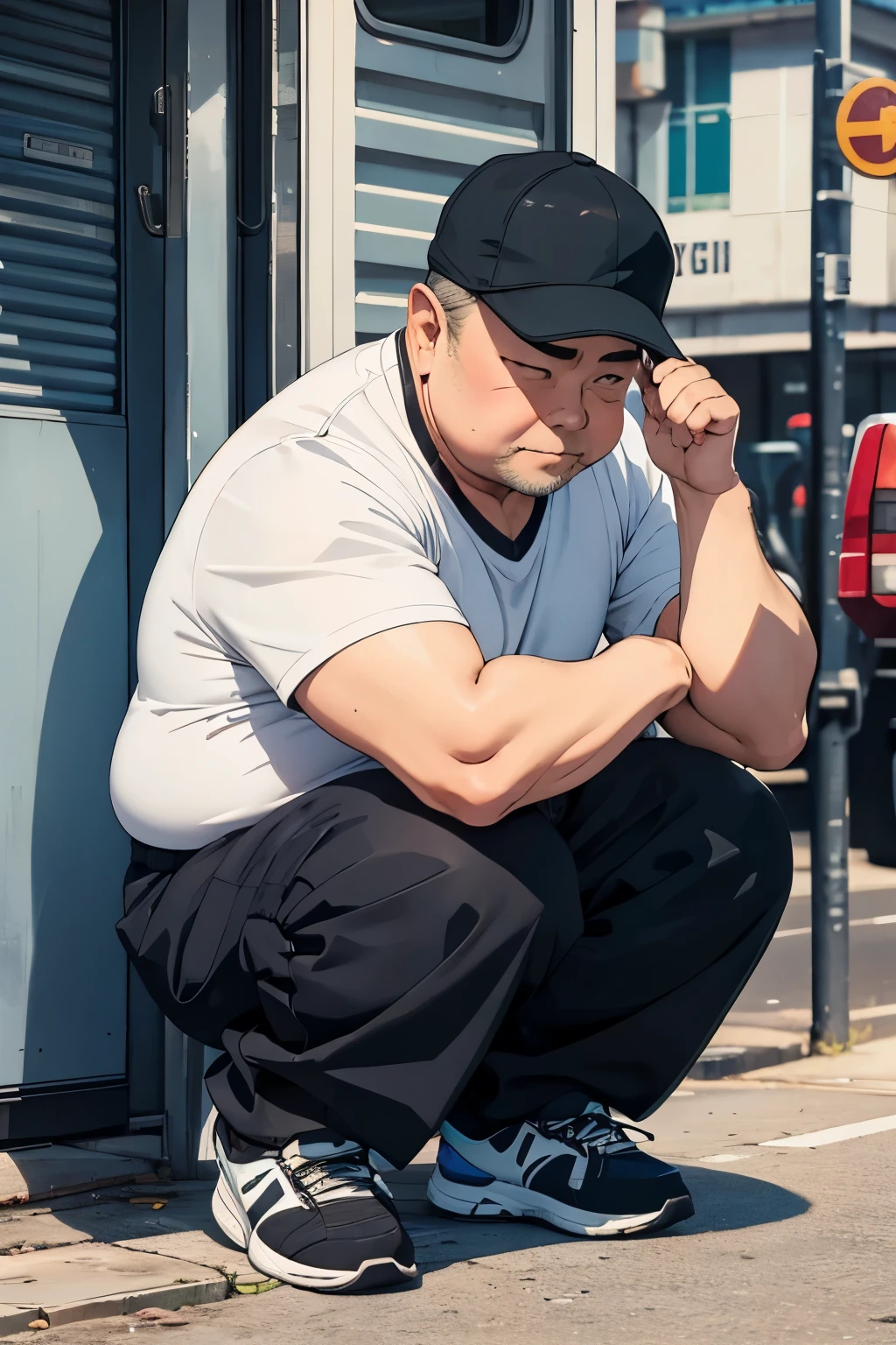 A fat middle-aged man squatting、