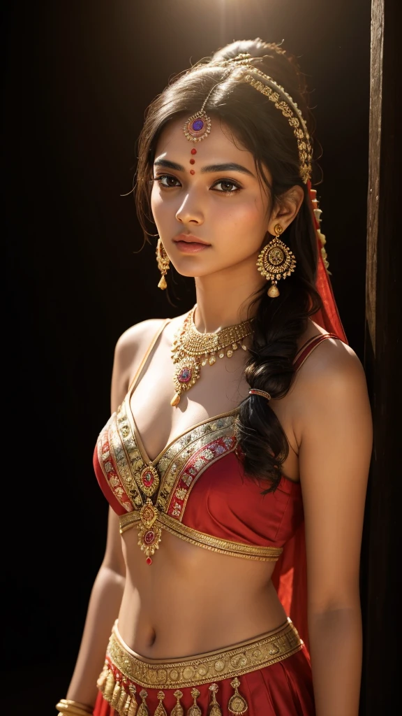 young Indian girl, 18-year-old, old looking top, 100 AD style dress, gentle lighting, intricate facial details, flawless complexion,full body picture, top-notch 3D rendering, hyper-realistic,  photorealistic digital art trending on Artstation 8k HD high definition detailed realistic, detailed, skin texture, hyper detailed, realistic skin texture, armature, best quality, ultra high res, (photorealistic:1.4),, high resolution, detailed, raw photo, 400 camera f1.6 lens rich colors hyper realistic lifelike texture dramatic lighting