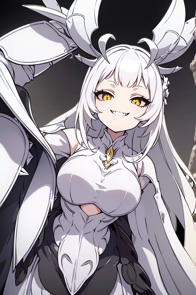 (masterpiece), best quality, expressive eyes, perfect face, a white bug girl, two antennae, short white spiky hair, blunt hair, ((dark black sclera)), yellow eyes, smiling, sharp teeth, ((white color flesh skin tone)), armor bra, ((organic armor clothes)), looking at viewer, ((shot from below)), close up