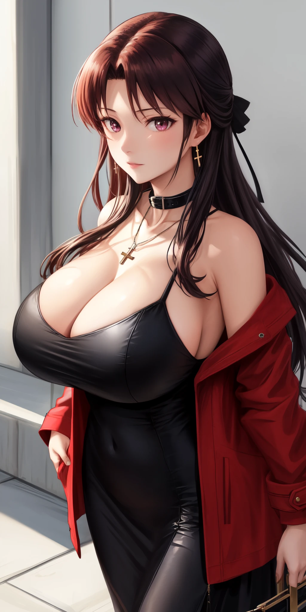 katsuragi_misato, huge_breasts, standing, solo, Misato_cross_necklace, black_pencil_dress_high_collar_red_jacket, masterpiece, best quality, detailed face, detailed eyes, highres,