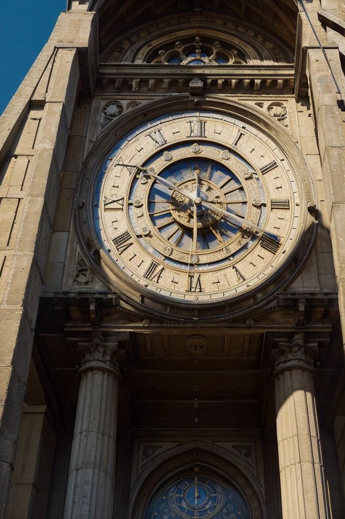 Best quality, masterpiece, super high resolution, London clock tower, medieval, view from below, clear sky.